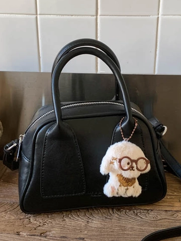 Damen Retro PU-Leder Schultertasche Bowling Handtasche Mit Süßem Plüsch Hund Anhänger Umhängetasche Urban Minimalistisch Henkeltasche