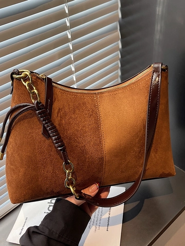 Retro Large Capacity PU Leather Shoulder Bag For Women Fashion Chain Decor Underarm Tote Bag Elegant Solid Color Crossbody Handbag
