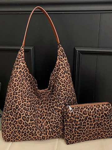 Women Suede Leopard Print Tote Bag And Small Pouch Fashion Large Capacity Shoulder Bag Urban Minimalist Casual Daily Handbag
