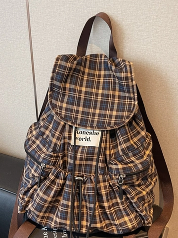 Vintage Plaid Große Kapazität Tragetasche Und Rucksack Für Damen Retro Leinwand Kunstleder Umhängetasche Schultasche
