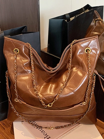 Bolso Tote Acolchado de Moda Estética Alta de Nicho Cadena de Metal Gran Capacidad Bolso de Hombro de Cuero PU para Mujer
