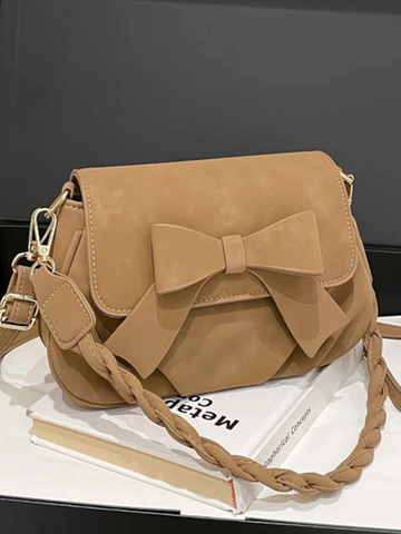 Damen Retro Minimalistische Quadratische Umhängetasche Große Schleife Geflochtener Riemen Synthetik Wildleder Umhängetasche Mode Tasche