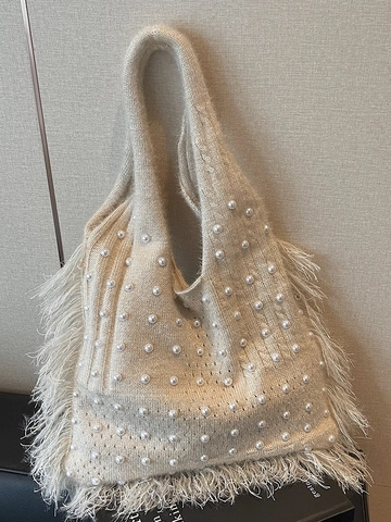 Bolso Tote de Punto Hecho a Mano para Mujer Gran Capacidad Decoración de Perlas Artificiales Flecos Bolso de Hombro Chic de Playa