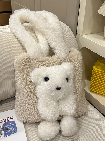 Women Plush Teddy Bear Tote Bag Soft Sherpa Fleece 3D Bear Shoulder Bag Large Capacity Winter Autumn Fashion Handbag