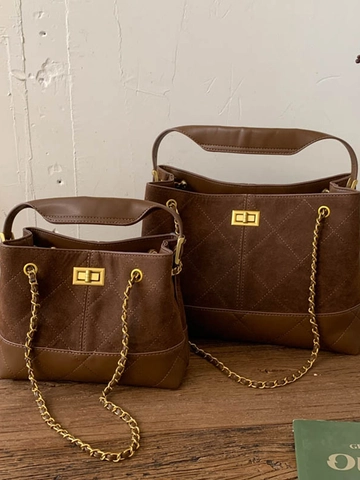 Women Vintage PU Leather Bucket Shoulder Bag Fashion Rhombic Stitching Tote With Metal Chain Commuting Splicing Handbag