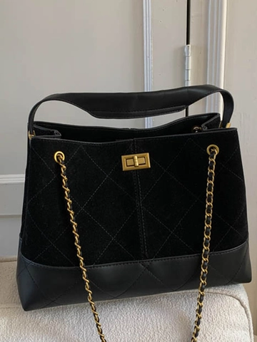 Women Vintage PU Leather Bucket Shoulder Bag Fashion Rhombic Stitching Tote With Metal Chain Commuting Splicing Handbag