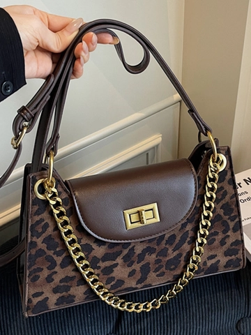 Borsa a Tracolla Retro in Pelle PU e Scamosciato Artificiale con Splicing Moda Piccola Borsa Quadrata Leopardata con Catena in Metallo e Serratura per Donna