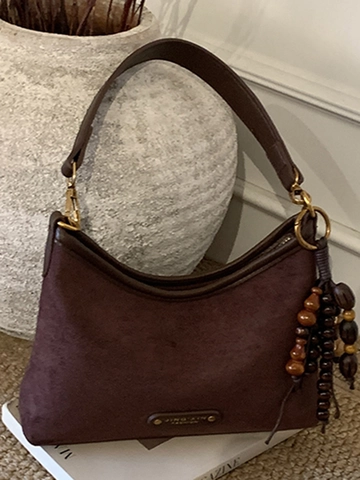 Vintage Faux Suede Shoulder Bag For Women Soft Leather Large Tote Bag Urban Commuting Minimalist Bag With Beaded Tassel Accessory