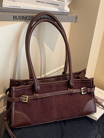 Borsa Baguette da Donna Vintage in PU Scamosciato Patchwork Borsa a Spalla Retrò Grande Capacità Borsa Sottobraccio Minimalista Fibbia Dorata