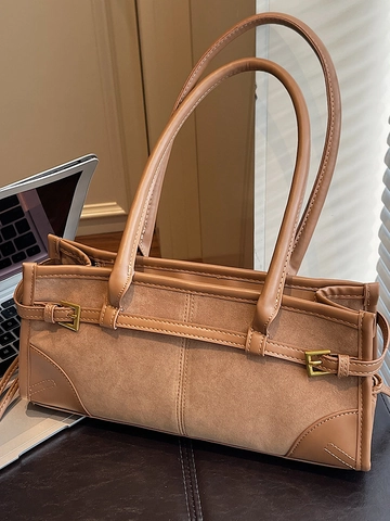 Borsa Baguette da Donna Vintage in PU Scamosciato Patchwork Borsa a Spalla Retrò Grande Capacità Borsa Sottobraccio Minimalista Fibbia Dorata