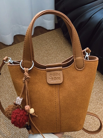 Bolso de Cubo Vintage para Mujer Textura de Gamuza Moda Colgante de Pompones Bolso de Hombro Retro de Cuero PU Bolso de Mano Casual