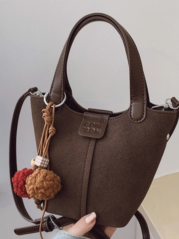 Bolso de Cubo Vintage para Mujer Textura de Gamuza Moda Colgante de Pompones Bolso de Hombro Retro de Cuero PU Bolso de Mano Casual