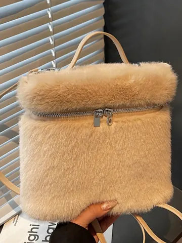 Women's Fashion Plush Backpack Soft Faux Fur Small Shoulder Bag Autumn Winter Trendy Solid Color Mini Schoolbag For Daily Travel