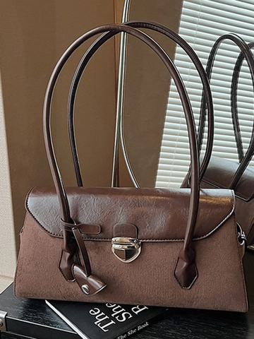 Retro Patchwork Suède PU Leer Schoudertas Voor Dames Oksel Boston Bag Met Metalen Gesp Casual Mode Handtas