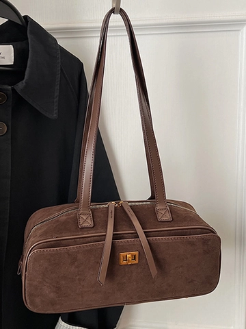 Women Vintage Faux Suede Baguette Bag Retro Underarm Shoulder Bag With Metal Lock Commuter Handbag Large Capacity Square Bag