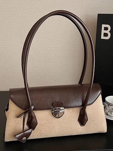 Retro Patchwork Suède PU Leer Schoudertas Voor Dames Oksel Boston Bag Met Metalen Gesp Casual Mode Handtas