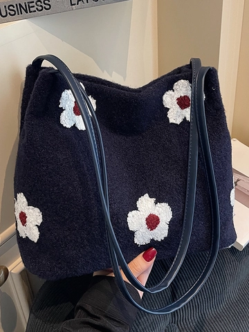 Borsa a Spalla da Donna Grande Capacità Stile Coreano Tessuto Peluche Ricamo Floreale Fiocco Vintage Pendolare Tote Bag Autunno Inverno