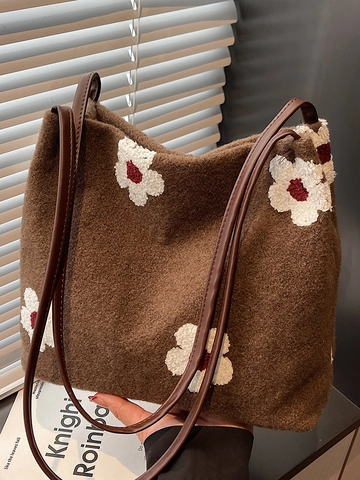 Borsa a Spalla da Donna Grande Capacità Stile Coreano Tessuto Peluche Ricamo Floreale Fiocco Vintage Pendolare Tote Bag Autunno Inverno