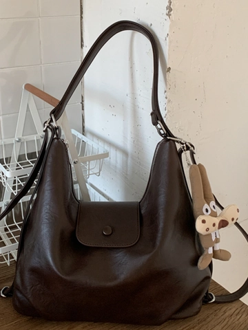 Retro Large Capacity PU Leather Tote Shoulder Bag For Women Korean Style Commute Handbag With Removable Doll Charm