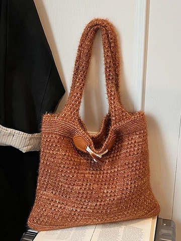 Dames Grote Gebreide Opengewerkte Tote Bag Gehaakte Schoudertas Met Houtje-touwtje Sluiting Retro Casual Handtas Vakantie