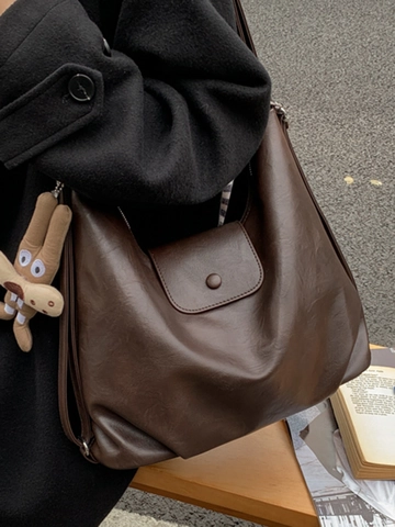 Retro Large Capacity PU Leather Tote Shoulder Bag For Women Korean Style Commute Handbag With Removable Doll Charm