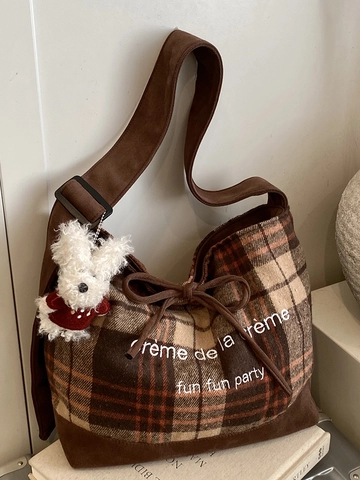 Vintage Karo Segeltuch Tote-Tasche Für Damen Retro Stickerei Umhängetasche Mit Verstellbarem Gurt Und Süßem Anhänger Tasche