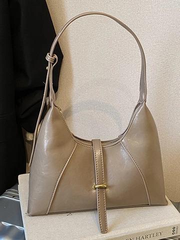 Retro PU Leather Underarm Shoulder Bag For Women Vintage Half Moon Hobo Bag With Stitching Detail And Metal Buckle Solid Color