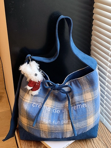 Vintage Karo Segeltuch Tote-Tasche Für Damen Retro Stickerei Umhängetasche Mit Verstellbarem Gurt Und Süßem Anhänger Tasche