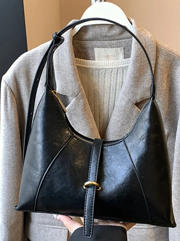 Retro PU Leather Underarm Shoulder Bag For Women Vintage Half Moon Hobo Bag With Stitching Detail And Metal Buckle Solid Color