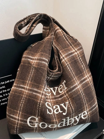 Borsa Tote in Tela a Quadri alla Moda Donna Grande Capacità Ricamo Lettere Borsa a Spalla Retro Plaid Handbag per Pendolari
