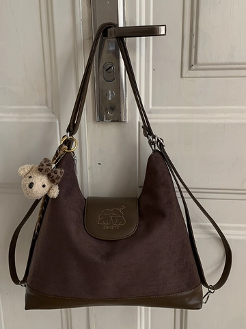Vintage Tote Bag Grote Capaciteit Voor Dames Suède-imitatie Patchwork Schoudertas Met Pluche Hanger Mode Woon-werkverkeer Handtas