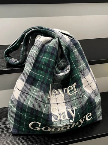 Borsa Tote in Tela a Quadri alla Moda Donna Grande Capacità Ricamo Lettere Borsa a Spalla Retro Plaid Handbag per Pendolari