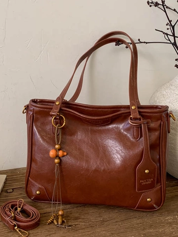 Dames Retro PU Leer Tote Bag Grote Capaciteit Schoudertas Urbane Minimalistisch Casual Pendelen Handtas Met Kwastje