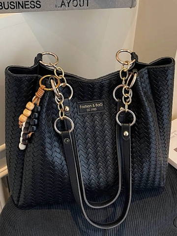 Borsa Tote da Donna in Pelle PU Intrecciata di Grande Capacità Borsa a Tracolla Con Catena in Metallo Ciondolo in Perline