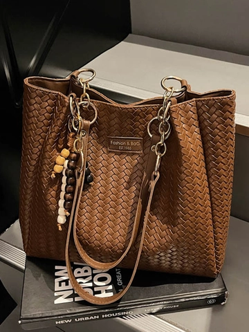 Borsa Tote da Donna in Pelle PU Intrecciata di Grande Capacità Borsa a Tracolla Con Catena in Metallo Ciondolo in Perline