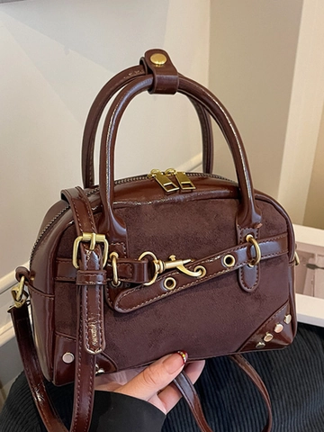 Vintage Fluweel Patchwork Boston Tas Dames Eenvoudige Schoudertas Retro Handtas Klinknagel Crossbody Tas Dagelijks Accessoire