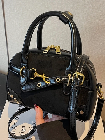 Vintage Fluweel Patchwork Boston Tas Dames Eenvoudige Schoudertas Retro Handtas Klinknagel Crossbody Tas Dagelijks Accessoire