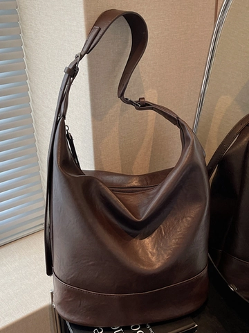 Bolso Saco de Cuero PU Minimalista Urbano de Gran Capacidad para Mujer Bolso de Hombro Hobo Color Sólido con Correa Ajustable