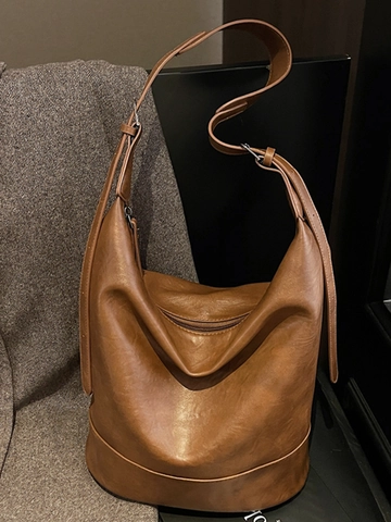 Bolso Saco de Cuero PU Minimalista Urbano de Gran Capacidad para Mujer Bolso de Hombro Hobo Color Sólido con Correa Ajustable