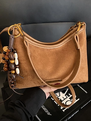 Fashion Suede Women Underarm Bag Vintage Minimalist Leopard Shoulder Bag With Bead Pendant High Capacity Crossbody Square Bag