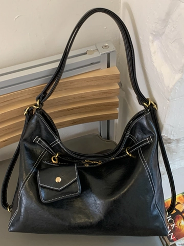 Bolso de Hombro de Cuero PU Retro Gran Capacidad Con Mini Pouch Costuras de Contraste Bolso Tote para Mujer Color Sólido Mochila