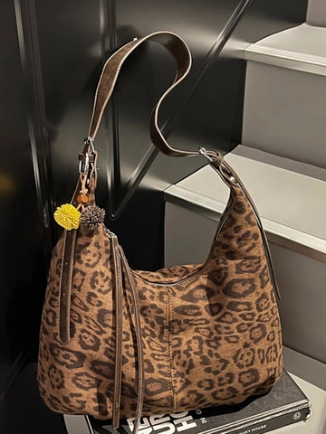 Damen Leopardenmuster Hobo Umhängetasche Große Kapazität Stoff Tote Unterarm Pendler Mode Handtasche Mit Plüschball
