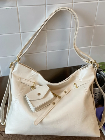Bolso de Hombro de Cuero PU Retro Gran Capacidad Con Mini Pouch Costuras de Contraste Bolso Tote para Mujer Color Sólido Mochila