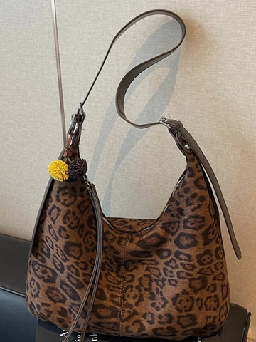 Damen Leopardenmuster Hobo Umhängetasche Große Kapazität Stoff Tote Unterarm Pendler Mode Handtasche Mit Plüschball