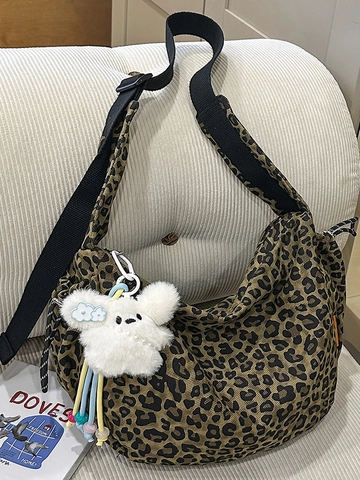 Large Capacity Leopard Print Canvas Hobo Shoulder Bag For Women Casual Commuter Crossbody Bag With Plush Charm Pattern Printed Satchel