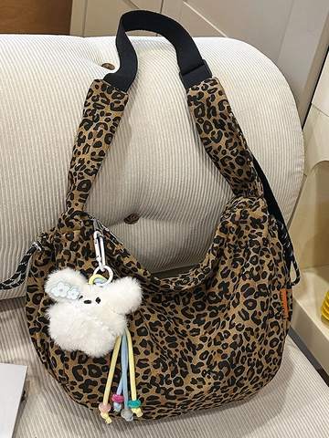 Large Capacity Leopard Print Canvas Hobo Shoulder Bag For Women Casual Commuter Crossbody Bag With Plush Charm Pattern Printed Satchel