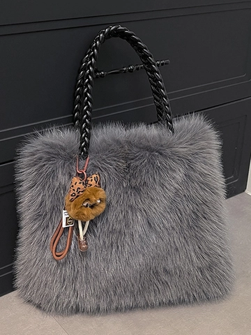 Women's Faux Fur Tote Bag Large Capacity Plush Shoulder Bag With Braided Handle Autumn Winter Fuzzy Handbag For Ladies