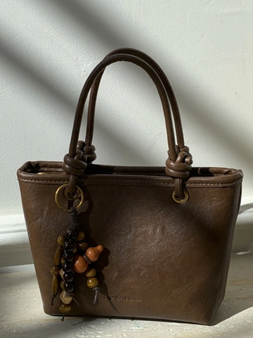 Borsa a Tracolla in Pelle PU Retrò da Donna Borsa a Tracolla Marrone Maillard Con Ciondolo in Grani di Legno Borsa a Secchiello Piccola