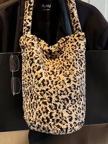 Bolso de Cubo de Peluche Mujer Estampado Leopardo Lunares Étnico Sherpa Fleece Gran Capacidad Bolso de Hombro Otoño Crossbody Tote