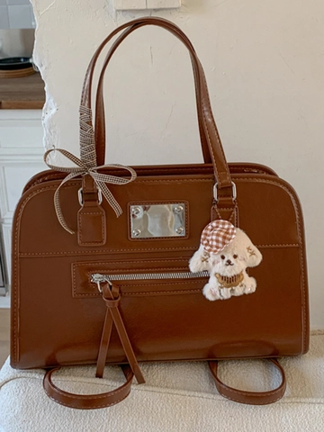 Sac à Épaule en Cuir PU Vintage pour Femmes Sac Cabas Rétro Avec Pendentif Chiot et Noeud Papillon Sac Quotidien